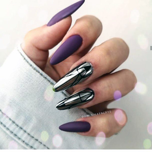 Amazing Matte Purple Gorgeous Mirror Nail Black Design For Women