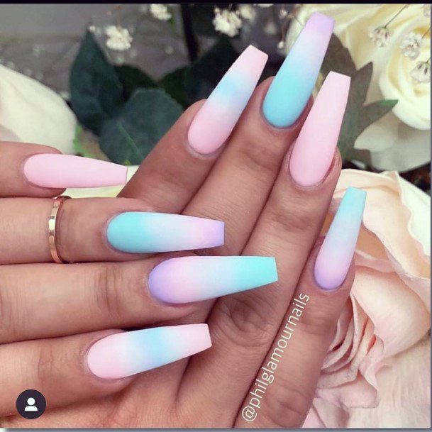 Amazing Ombre Pink And Blue Long Squared Tip Prom Nail Ideas For Ladies