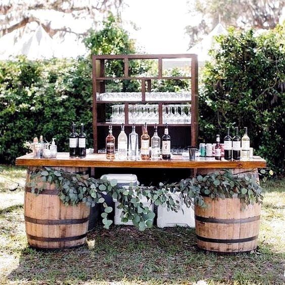 Amazing Outdoor Wedding Bar Barrel Table Greedery Ideas