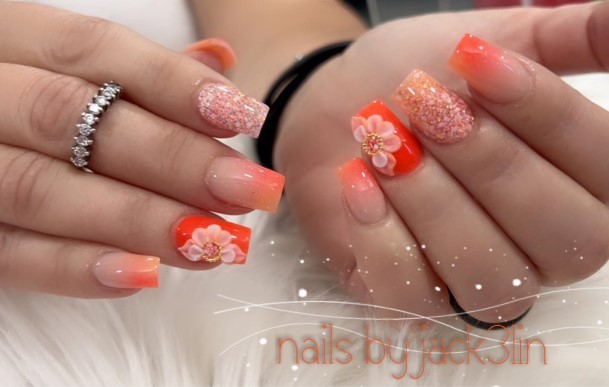 Amazing Peach With Glitter Nail Ideas For Women