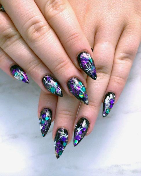 Amazing Purple Black And Turquoise Colored Lovely Nail Design For Girls