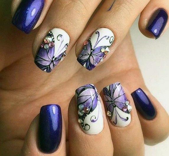 Amazing Purple Butterfly Wings On Nails With Crystals Women