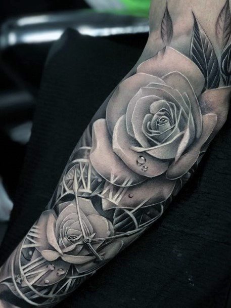 Amazing Roses And Clock Tattoo Womens Hands