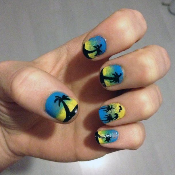 Amazing Sunset Two Tone Blue And Yellow Palm Tree Nail Inspiration For Girls