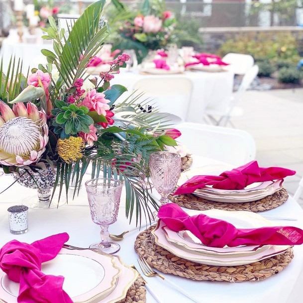 Amazing Tropical Plant Floral Table Piece Wedding Reception Bright Pink Napkin Decoration Ideas