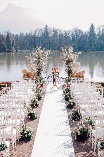 Amazing White Aisle Runner Greenery Lake View Wedding Outdoor Fall Inspiration