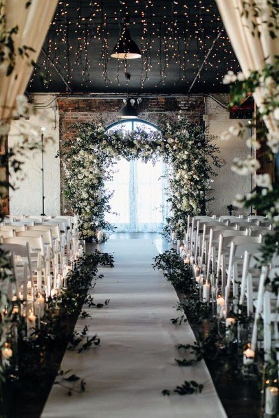Amazing White And Black Indoor Winter Wedding Aisle Floral Arch Inspiration