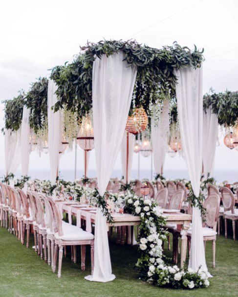 Amazing White Curtain Hanging Greenery Lovely Table Centerpiece Runner Wedding Reception Inspiration