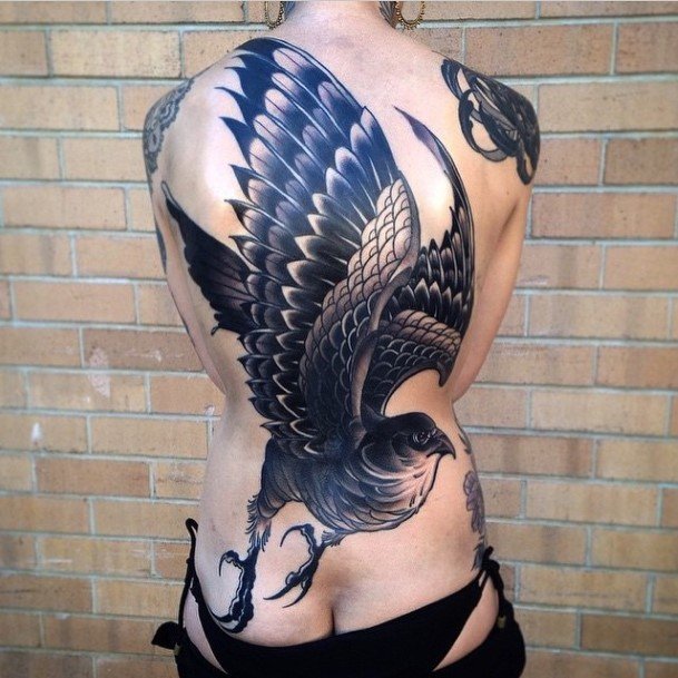 Amazing Winged Crow Womens Tattoo Back