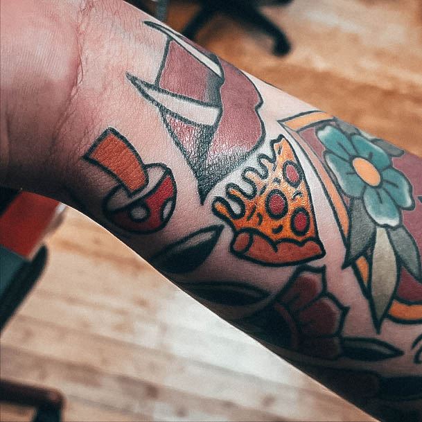 American Traditional Forearm Pizza Womens Tattoos