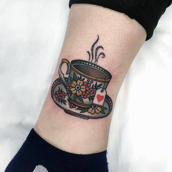 American Traditional Smoking Tea Cup Tattoo Womens Legs