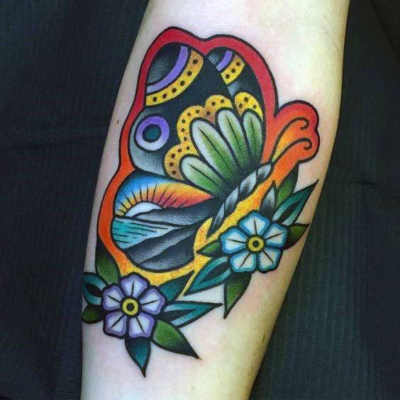 American Traditional Butterfly And Flower Tattoo Women