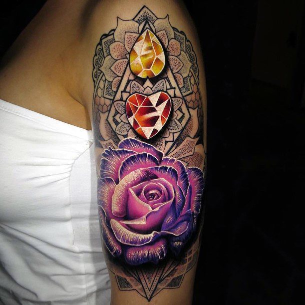 Amethyst Rose And Gems Tattoo Womens Half Sleeve