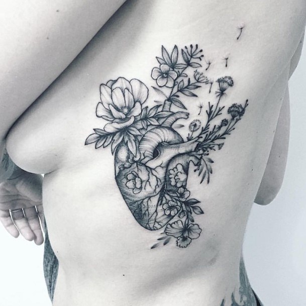 Anatomical Heart And Flowers Tattoo Womens Torso