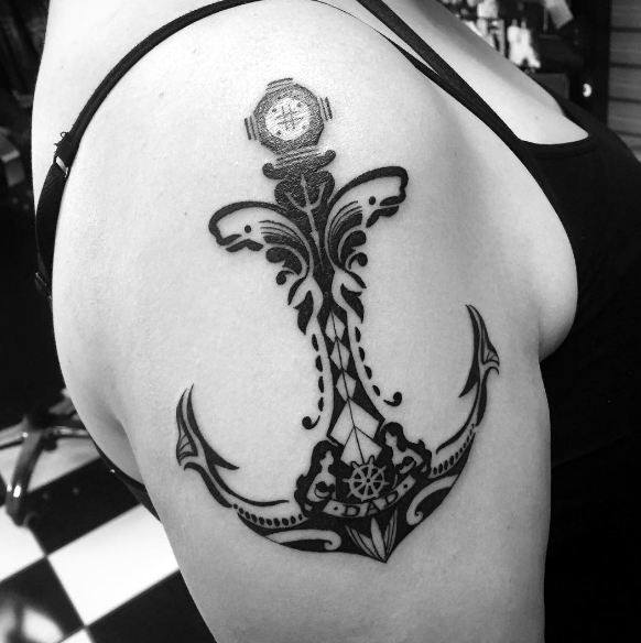 Anchor Shaped Tribal Tattoo For Women Arms