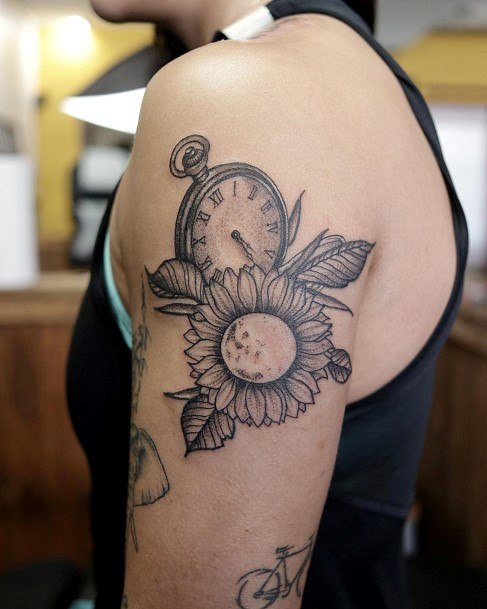 Ancient Clock Sunflower Tattoo Womens Arms