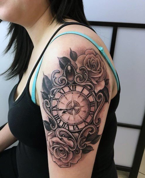 Ancient Clock Tattoo Womens Arms