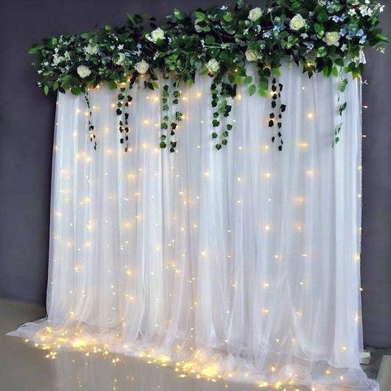 Angelic White Curtain Light Strings Greenery Wedding Backdrop Ideas