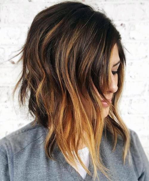 Angled Brown Lob With Caramel Balayage