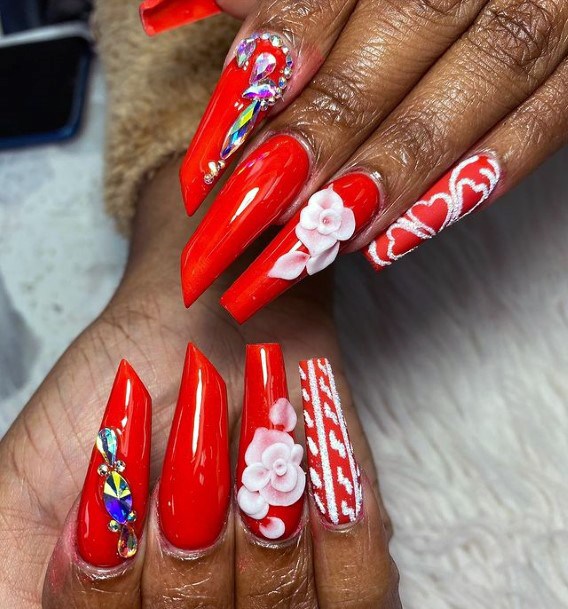 Angled Edge Red Nails 3d Flower Women