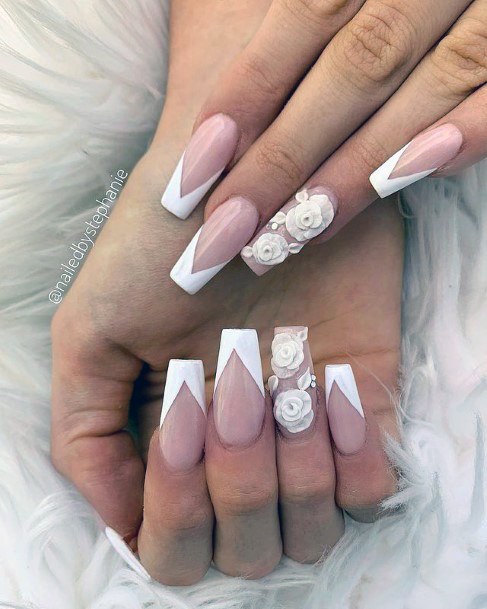 Angled French Manicure 3d Flower Nails Women