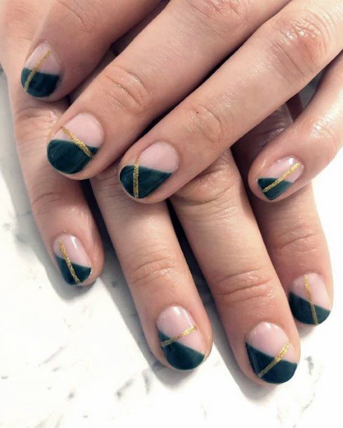 Angled Green Nails With Golden Line Women