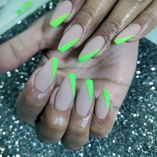 Angled Neon Green Tipped Nails