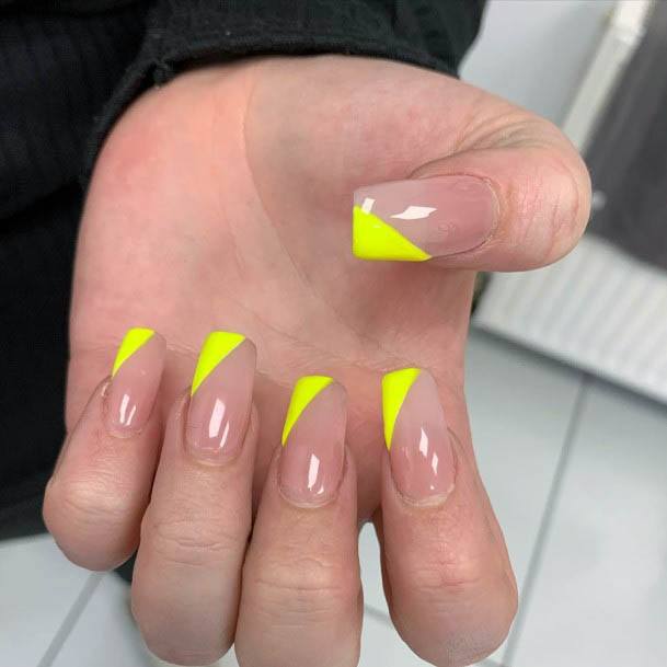 Angled Neon Yellow Tip Nails For Women