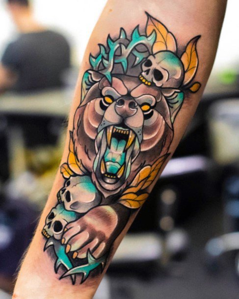 Angry Yellow And Blue Bear Tattoo For Women New School