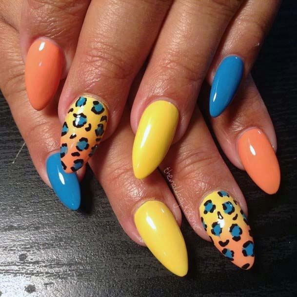 Animal Print Summer Orange And Blue Nails For Women