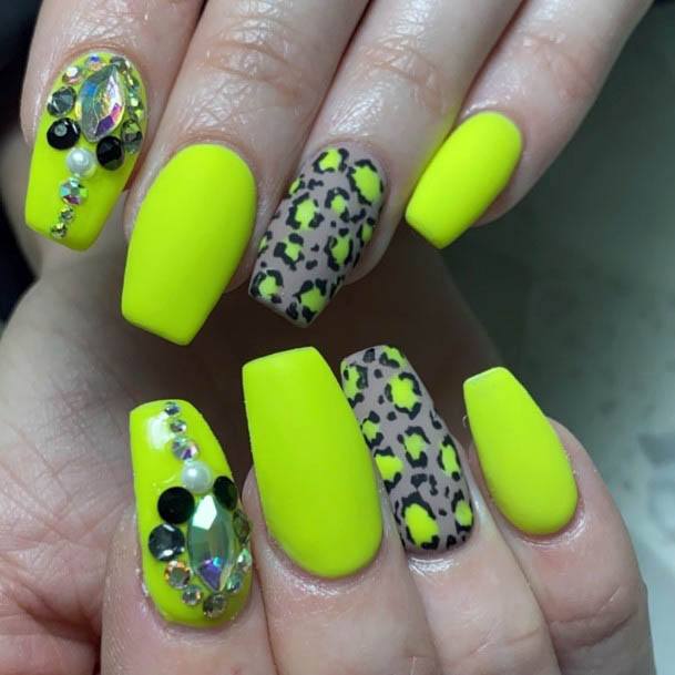 Animal Prints On Neon Yellow Nails With Stones Women