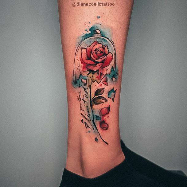 Ankle Watercolor Blue Red Rose Beauty And The Beast Tattoo Designs For Women