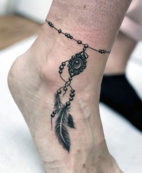 Anklet Tattoo For Women With Feather Grey