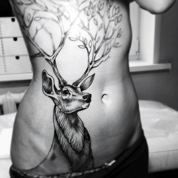 Antler Horns And Tree Tattoo Womens Back