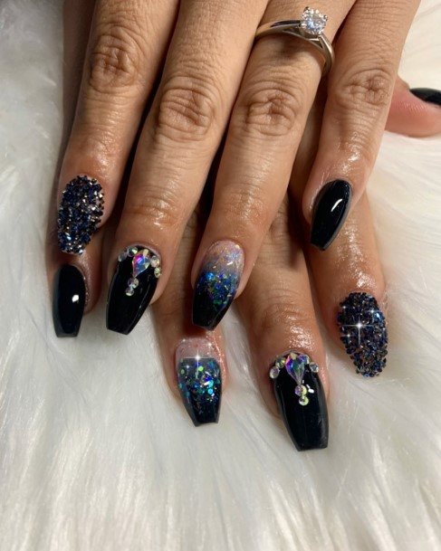 Appealing Womens Black With Rhinestones Nails