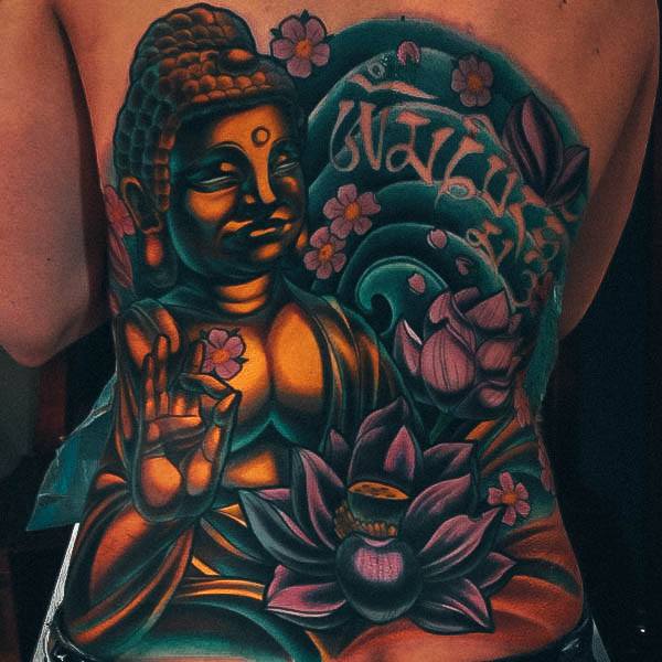 Appealing Womens Buddha Tattoos Back Colorful