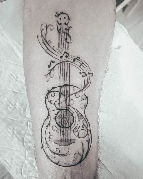 Appealing Womens Guitar Tattoos Music Note Ornate Design