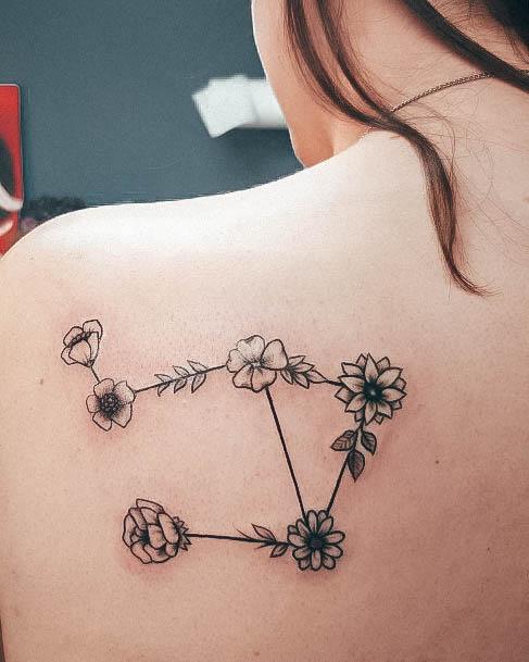 Appealing Womens Libra Tattoos Constellation Flowers On Shoulder Blade
