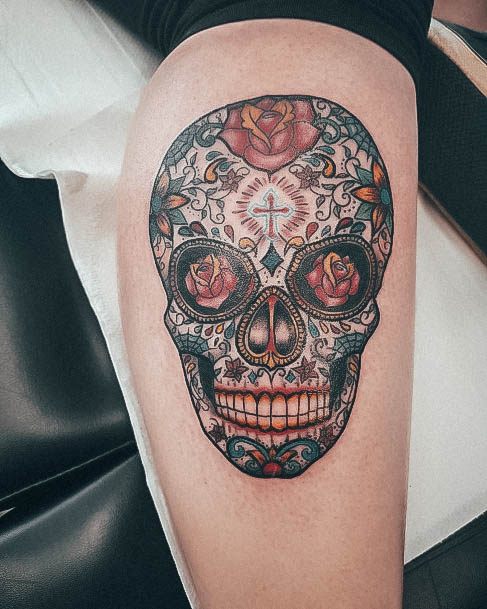 Appealing Womens Sugar Skull Tattoos Leg