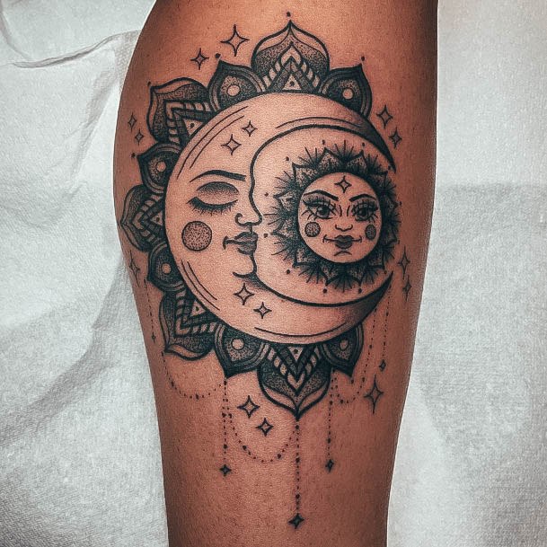 Appealing Womens Sun And Moon Tattoos Leg Calf