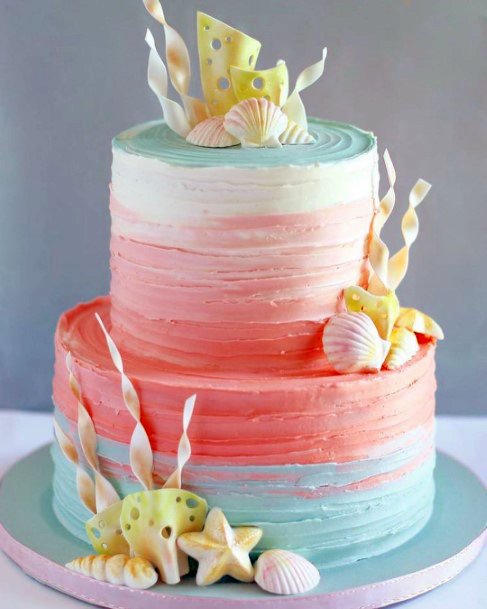 Aqua And Coral Cake Design With Seashell Decorations Beach Wedding Ideas
