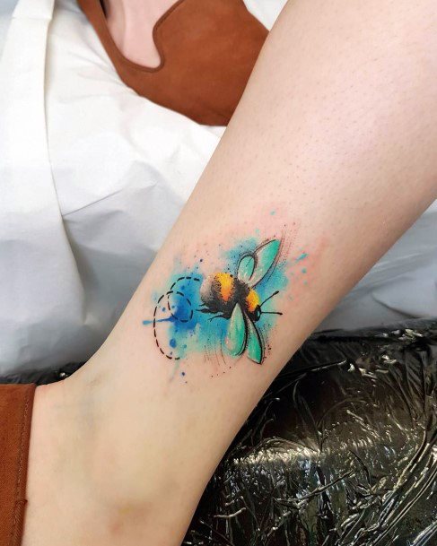 Aquamarine Tinted Bee Tattoo For Women