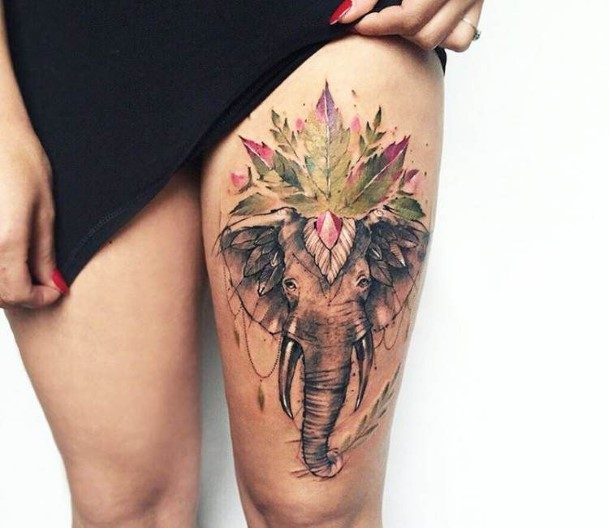 Aristocratic Leaf Crowned Elephant Tattoo Womens Thighs