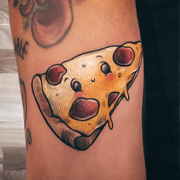 Arm Cute Face Smiling Fantastic Pizza Tattoo For Women