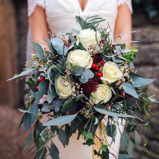 Arranged White Roses And Christmas Wedding Flowers