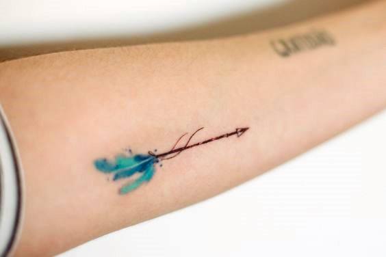 Arrow With Blue Feather Tattoo Womens Wrist