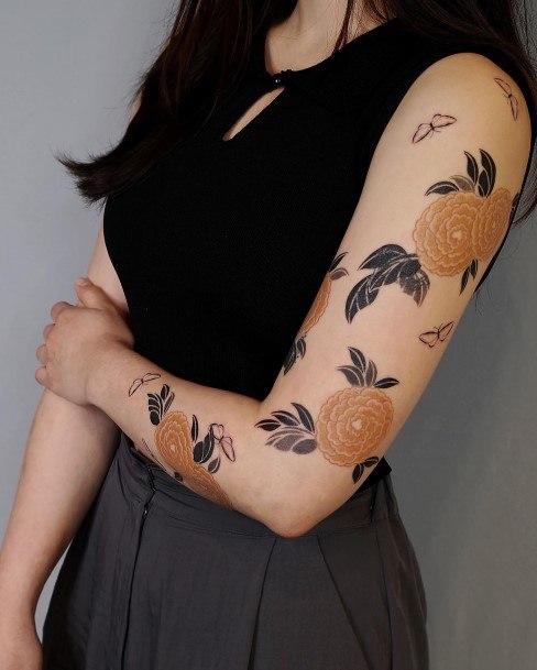 Art Flower Sleeve Tattoo Designs For Girls