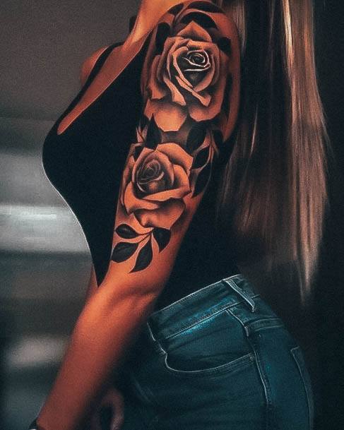 Art Rose Sleeve Tattoo Designs For Girls