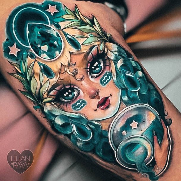 Artistic Aquarius Tattoo On Woman Thigh 3d