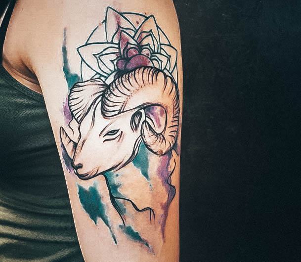 Artistic Aries Tattoo On Woman Watercolor Ram Arm